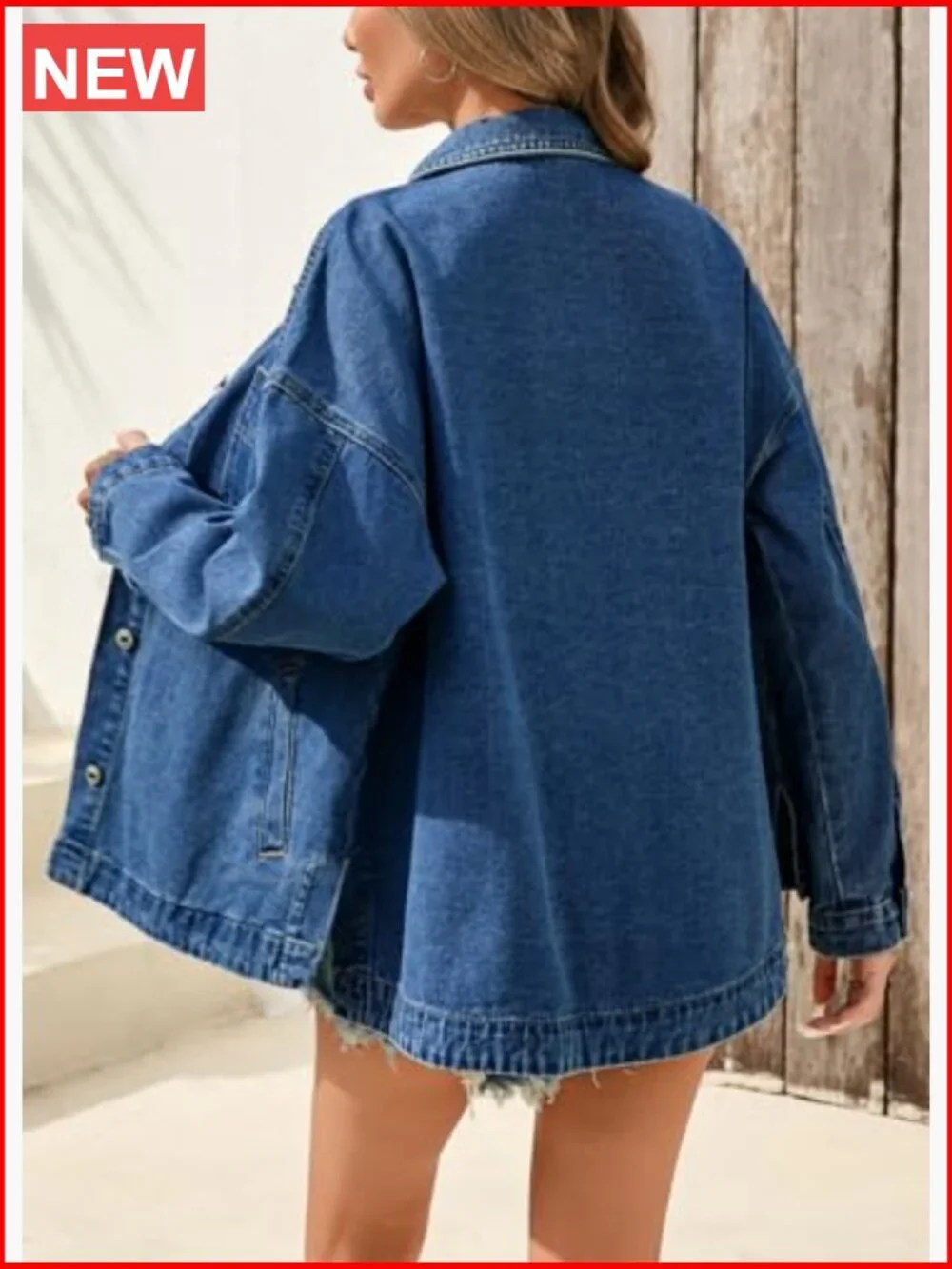 Oversized Denim Jacket Button Down Shacket with Pockets - Picture 2 of 6